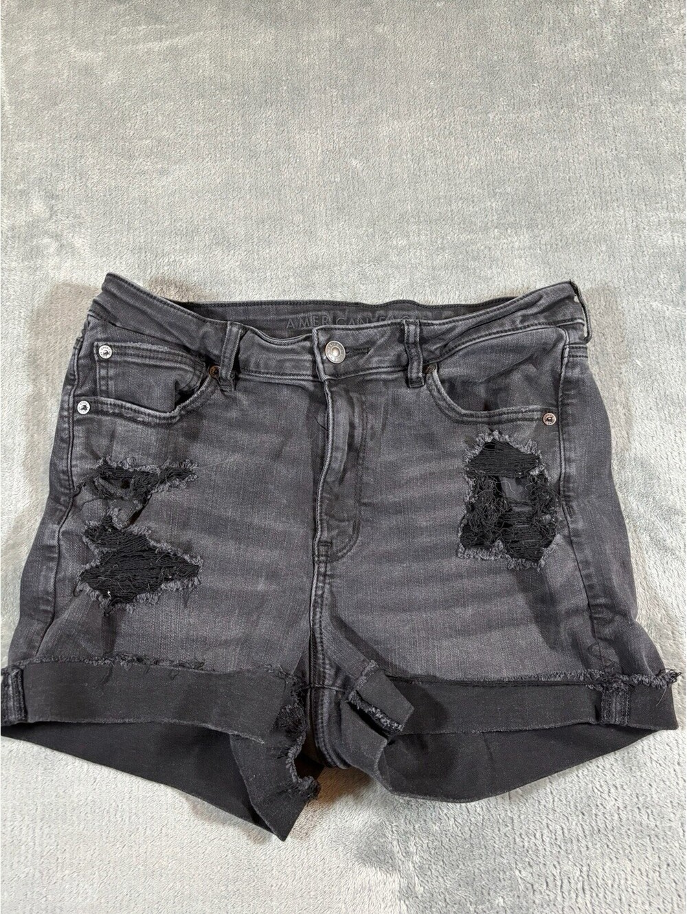 American Eagle Outfitters Black Denim Shorts Hi-Rise Stretch Distressed Size 12